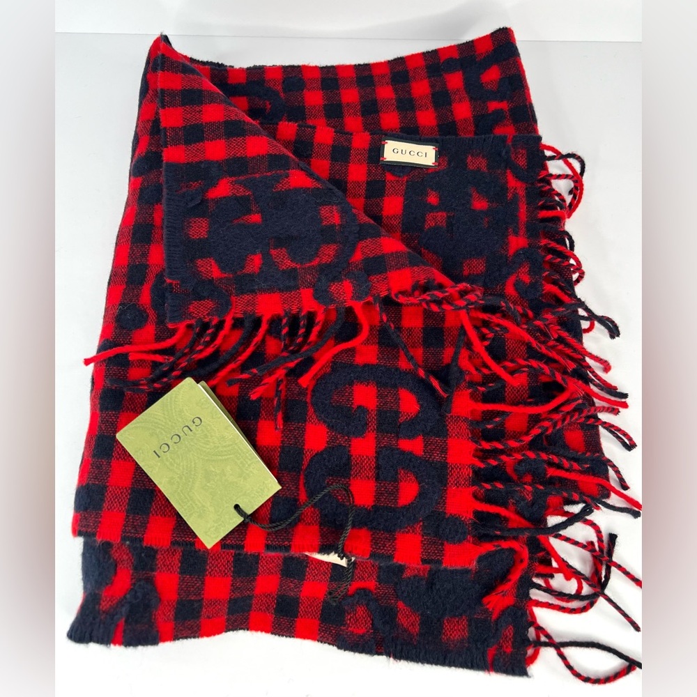 Gucci 644365 Red Blue Wool Jacquard Check GG Diamcheck Logo UNISEX Fringe Scarf - Picture 7 of 12